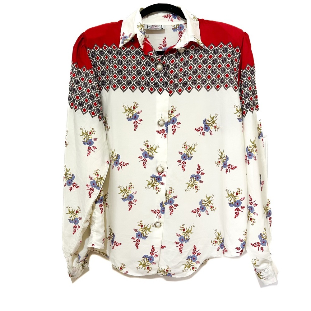 Vintage Floral Geometric ButtonUp Western Shirt Spring Top Sheer blouse Feminine